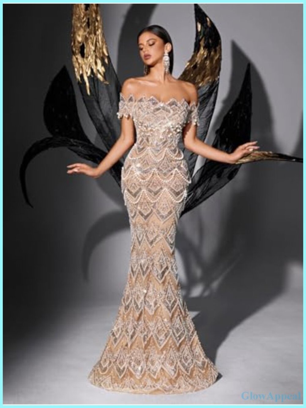 Off Shoulder Mermaid Prom Dress Sequin Beaded Evening Gown Lace Up Back - Picture 2 of 6